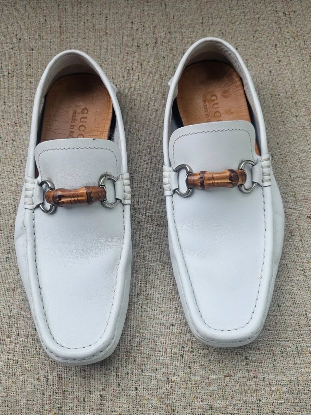 Gucci Men Loafer Shoes White Leather Slip On Driving Horsebit Size 40 Made Italy - Picture 1 of 14